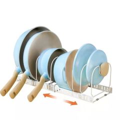 【新着商品】フライパンラック 10本仕切りパーツ付き 伸縮式 キッチン収納ラック 鍋スタンド フライパン 鍋 まな板 Liebbon 蓋置き 引き出し収納 シンク下収納 (伸縮式 白い)