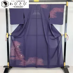 夏着物 絽 付下げ 芝模様に紅葉 銀駒刺繍 紫紺色 しつけ糸 K-3723