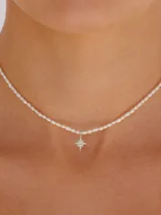 ジュエリー レディース ネックレス ペンダント シェルパールチェーン オクタゴンスター S925 スターリングシルバーレディースネックレス、夏の装飾、18Kゴールドプレート、ウエディングにも適しているファインネック