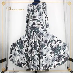 社交ダンス 衣装 ドレス ワンピース スタンダード Vネック 長袖 ブラック系 ホワイト系 グレイ系 黒 白 グレー モノトーン 上品 伸縮性 Lサイズ 総丈118cm ウエスト31cm 女性用 パーティードレス フォーマル おしゃれ エレガント シンプル