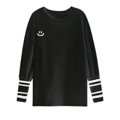 スマイル 長袖 tシャツ レディース ロングT ロング丈 カットソー 刺繍 ミドル丈 秋 冬 カジュアル ゆったり ロゴ おしゃれ 通勤 通学 可愛い 春 ニコ 部屋着  体型カバー トレーナー  ルームウェア 重ね着風 チュニック ブラック fa-004