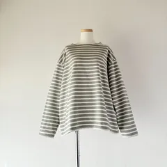 未使用 / ORCIVAL オーシバル / 長袖 コットンロード ドロップショルダー ボーダー ワイドプルオーバー バスクシャツ / レディース 1 / フランス製 / グレーカーキ×アイボリー