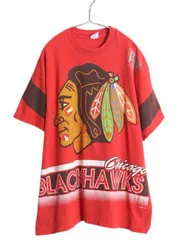 【お得なクーポン配布中!】 90s USA製 シカゴ ブラックホークス 全面 プリント Tシャツ メンズ XL / オールド イラスト NHL オフィシャル アイスホッケー 大きいサイズ