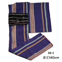 【M-1】 着物　小紋　銘仙　ストライプ紫　縞　縦縞　パープル　身丈140　和洋折衷コーデ　和服