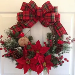 【在庫限り】クリスマスリース　35cm×35cm 赤リボン Xmas リース 造花 花輪