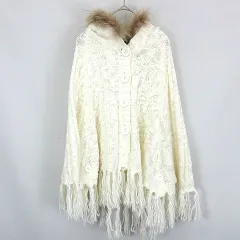 セシルマクビー CECIL McBEE ファー付き フード アクリル ニット ポンチョ 白 ホワイト M