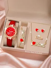 腕時計 レディース セット ファッション高級 フラワーデジタル文字盤クォーツ腕時計6点セット、シンプルラブブレスレット、ネックレス、ピアス、リング ジュエリーセット、女性の集まり、祭り、誕生日に最適な母の日ギフト(