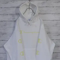 美品 チャンピオン Champion スウェットパーカー メンズ XL ホワイト リバースウィーブ REVERSE WEAVE スクリプト タイダイプリント 袖プリント 裏起毛 プルオーバー 白 WHITE 蛍光イエロー 20202016