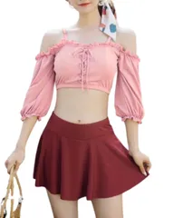 [3MDGHD] 水着 レディース タンキニ 上下 2点 セット セパレート パッド 付き オフショルダー 袖 あり 体型 カバー (JP, アルファベット, L, ピンク) [ピンク] [L]