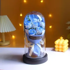 新品 フレグランスソープフラワー フェアリー 6輪ローズ カーネーション ギフトボックス バラ ガラスドーム LEDライト 枯れない花 造花 シャボンフラワー お祝い 還暦祝い 退職祝い 記念日 お見舞い ギフト (ブルー)