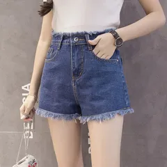 裾フリンジダメージデニムショートパンツ インディゴ サックス TK0756