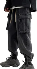 [ブブ オーハナ] イージー デニム パンツ ジーンズ ワイド ジョガー 裾 ゴム 絞り ジーパン カーゴ ポケット カジュアル メンズ 男性 用 春 夏 秋 冬 服 サルエル ペインター テーパード ゆったり 大きめ 腰 紐 ドローコード ウエスト 絞れる 