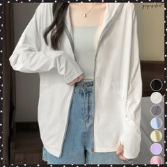 UV対策パーカー 冷感タッチカーディガン フード付き 指穴付きアウター 涼しい オーバーサイズ ジップアップトップス 紫外線対策羽織り 日焼け止めラッシュパーカー 体型カバートップス サマーカーデ 薄手 サマーパーカー無地