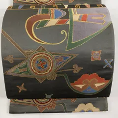 袋帯 名品 幾何学 箔 刺繍 灰色 六通 正絹 【中古】