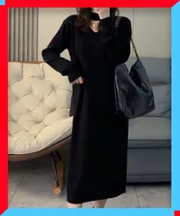 新品 リブニットワンピース レディース ロング丈 Vネック 着やせ 黒 ミモレ丈 お出かけ 大人ワンピ 【送料無料】