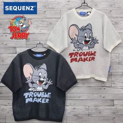 新品 メンズ トムとジェリー TOM&JERRY トムジェリ SEQUENZ シークエンズ コラボ 半袖 サマーニット ジャガード ニット セーター タフィー タフィ ニブルス ユニセックス レディース 白 ホワイト アイボリー 黒 ブラック