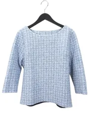 ルシャンテ le chanter チェック柄 セットアップ 七分袖 ニット セーター ミニ丈 スカート 38 青系 ブルー 切替 ストレッチ