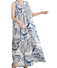 [Elixio] [エリクシオ] リゾートワンピース ロングワンピース マキシ丈ワンピース ノースリーブ ロングスカート Vネック 大きいサイズ ゆったり (JP, アルファベット, L, ネイビー) [ネイビー] [L]