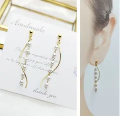 ゴールドツイストウェーブとパールチェーン　ハンドメイドピアス・イヤリング