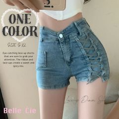 ショートパンツ デニムパンツ ハイウエスト 編み上げ ストレッチ レディース 韓国ファッション ジーンズ デザインショートパンツ フィット タイト