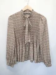 ◇ Θ φ ZARA ザラ 千鳥格子柄 チェック柄 ボウタイ 長袖 ブラウス カットソー サイズS ブラウン レディース E  【1503040006210】