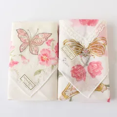 MHR0236 未使用 NINA RICCI ニナリッチ ハンカチ 2枚セット ヴィンテージ ホワイト×マルチカラー レース フラワー