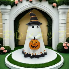 ハロウィンゴーストフィギュア (樹脂製)ハロウィンゴーストフィギュアとカボチャ、樹脂工芸、魔女の帽子、現代風、不気味なパーティーバーの装飾、ホリデーオーナメント