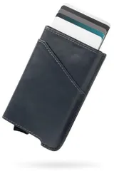 Navy [zepirion] キャッシュレスに最適化 クレジットカードケース 本革 スキミング防止 磁気防止 スライド式 スリム 薄型 アルミニウム メンズ レディース Quick Wallet 2 Leather (Navy)