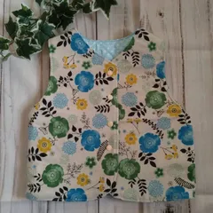 ベスト１００　リバーシブル　北欧　青い花　キルティング　ドッド柄