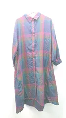 ◇ ノーブランド チェック フロントボタン シャツ 長袖 セミロング丈 ワンピース サイズM ネイビー マルチ レディース E  【1310050003227】