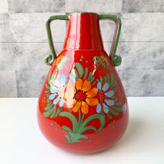 イタリア 輸入品 花柄 赤色 花器 花瓶 フラワーベース ツインハンドル 耳 持ち手付き 置き物 飾り物 インテリア 2884 1049-30R