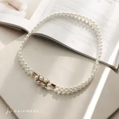 ベルト レディース ゴム 細い パール 結婚式 お呼ばれ 簡単 ウエストマーク パーティー バックル フォーマル フックタイプ haremode B-13