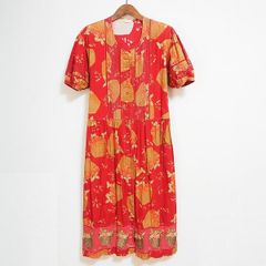 ノーブランド ロングワンピース フレアスリーブ 総柄 蝶柄 M 黄 