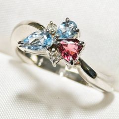 Pt900 ピンクトルマリン＆サンタマリアカラーアクアマリン リング 