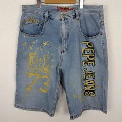 Pepe Jeans ペペジーンズ デニムショーツ 刺繍 ビッグロゴ ペイント加工 ブルー 35サイズ メンズ 古着 Y2K ストリート