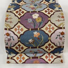 袋帯 美品 秀品 向かい鳥 華文 金彩 螺鈿 金色 お太鼓柄 正絹