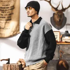 春 コーデ メンズ 用 服 シンプル ファッション オシャレ 大人 かっこいい 大きいサイズ ストリート 紳士服 アメリカン レトロ ヘビー フェイク ツーピース セーター ハーフ ジップセーター 