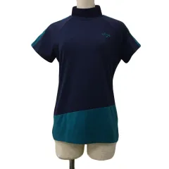 キャロウェイ CALLAWAY カットソー Tシャツ プルオーバー ハイネック ゴルフウェア バイカラー 刺繍 ロゴ 配色 半袖 M 紺 緑 ネイビー グリーン
