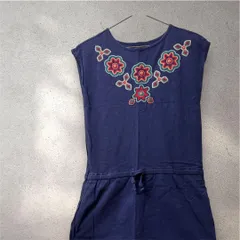 ネイビー 花柄刺繍 ノースリーブワンピースチュニック