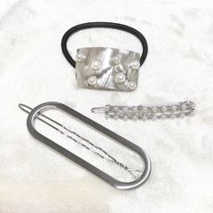 【3点】新品パール&シルバーヘアアクセサリーまとめ売りヘアゴムヘアピンシンプル