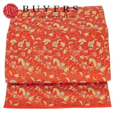 【中古】 名古屋帯 八寸 正絹(金銀糸除く) レッド系 ゴールド マルチカラー 名古屋仕立て 洒落帯 モダン 和装 呉服 和服 きもの レディース 女性