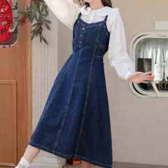 スカート サロペット つなぎ レディース デニム ジャンパースカート デニムスカート ロングスカート ミモレ 袖なし 襟なし ノーカラー Aライン リボン ウエストリボン バックリボン ハイウエスト ボタン ブルーデニム カラーデニム かわいい 大人可愛い き