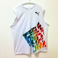 古着　puma　プーマ　RIDDIM　リディム　タンクトップTシャツ　ユニセックス　S～M相当　Vネック　ドライ　ホワイト　白　カラフル