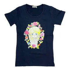 水森亜土 お花の少女柄 プリント半袖Tシャツ(LL) ネイビー アパレルのサムネイル