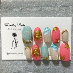 【NO.8】 ネイルチップ サマー 夏ネイル ボタニカル ハワイアンジュエリー