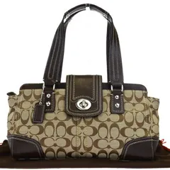 【中古】 超美品 コーチ COACH シグネチャー ショルダーバッグ ハンド ターンロック ブラウン キャンバス レザー 保存袋付 F13975 09HC207