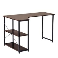 ダークブラウン L字型パソコンデスク120cm：ラック付＆耐荷重80kg