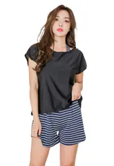 [アウニイ] 水着 レディース 体型カバー タンキニセット 可愛い水着 ママ水着 人気 タンキニ トップス ショーツ 袖なし Tシャツ ショートパンツ 4点セット 花柄 フリル バンドゥ ビキニ 上下 ショーパン  [ブラック ボーダー / 2002] [S]