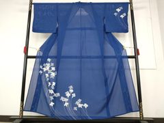 C◇着物くつろぎ 夏物 蔦模様 青 正絹 付下げ 薄物 絽 紗 着物 81