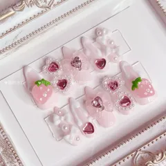 20 ネイルチップ 量産型 地雷系 ピンク ホワイト 苺 いちご リボン 垂れネイル 練乳ネイル